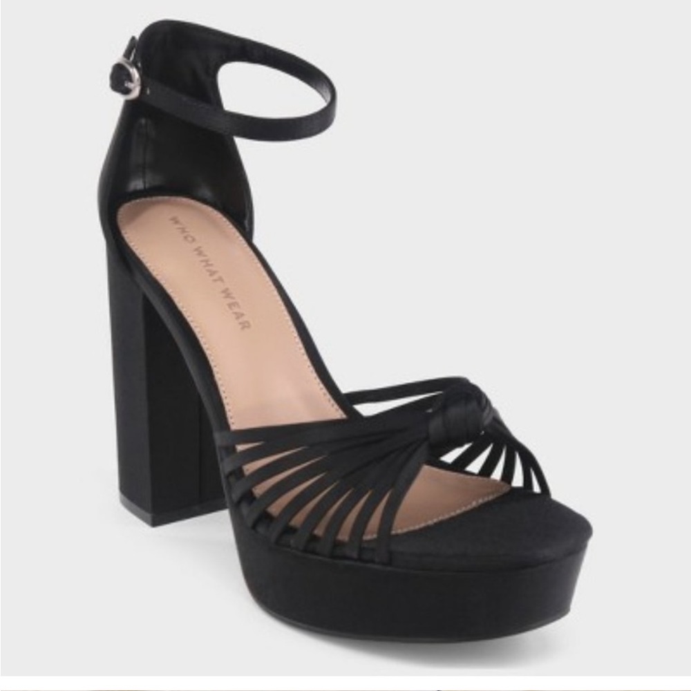 WHO WHAT WEAR Black Satin Knot Platform Heels Size 10 Women Ankle 4.5” Heels